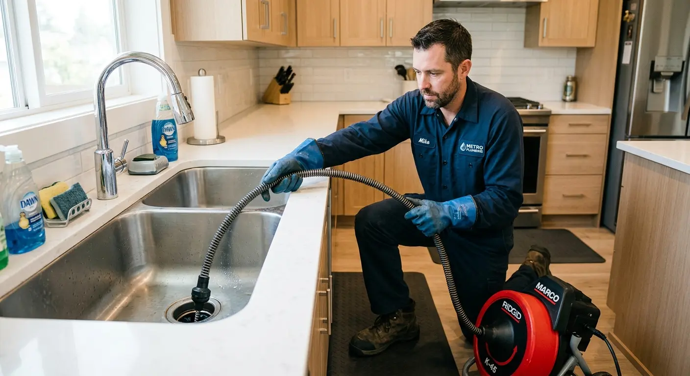 Drain cleaning technician using a motorized snake on a kitchen sink in Harrisville