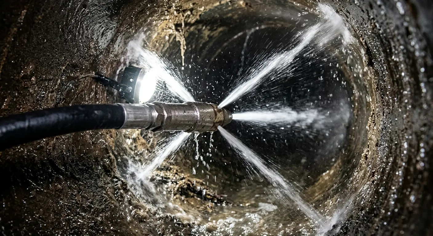 High-pressure hydro jetting nozzle cleaning sewer pipe for Trenchless Sewer Repair in Harrisville