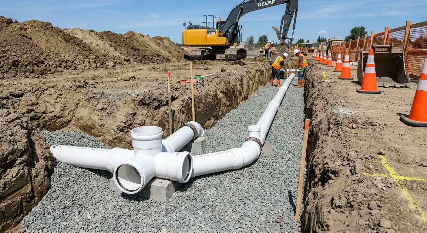 New PVC sewer pipe installation in open trench for Sewer Backup in Harrisville