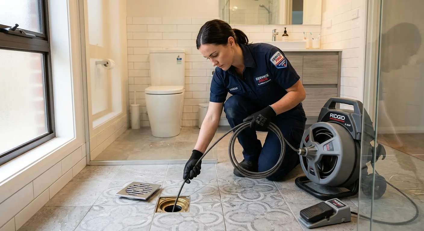 Technician clearing a bathroom floor drain for Drain Cleaning in Harrisville